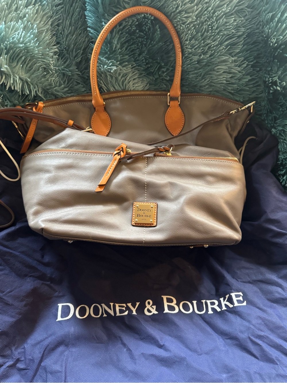 Dooney & Bourke Gray Leather Tote with Tan Trim